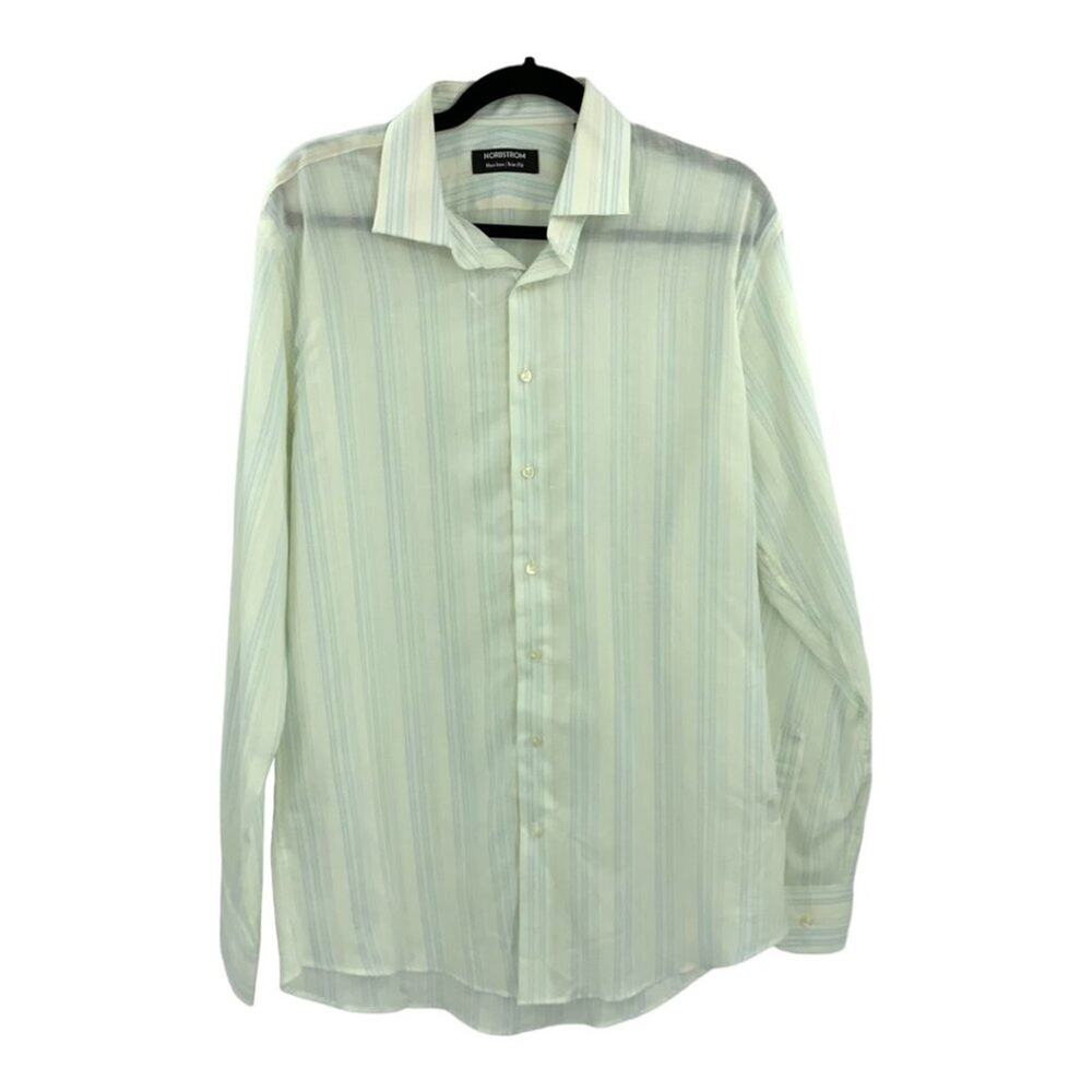 Nordstrom Linen Blend Trim Fit Non-Iron Button Down Shirt Pastel Stripe Sz 16